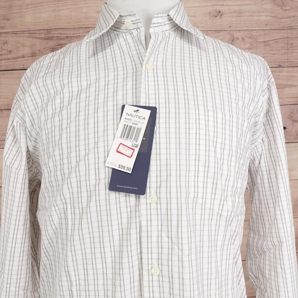New! Nautica Shirt Mens L White Check Long Sleeve Button-Up 100% Cotton